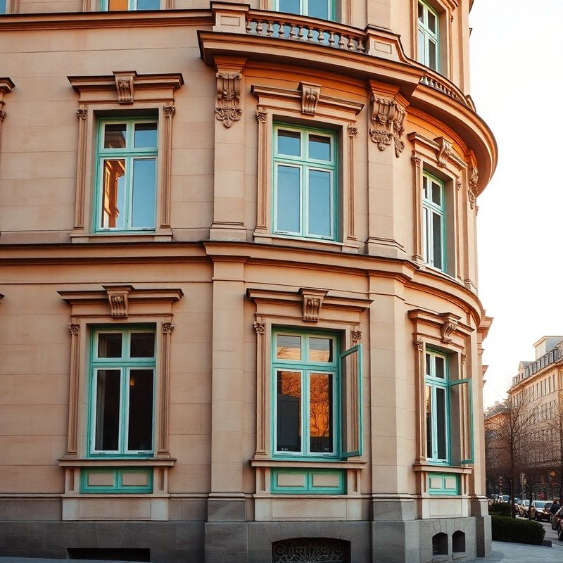 Classical early-20th-century building facade in Constanța with stone and mint-painted window frames