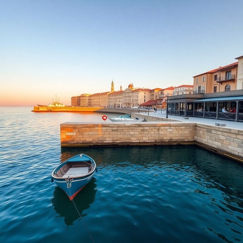Stone harbour at golden hour with the Constanța port in the background