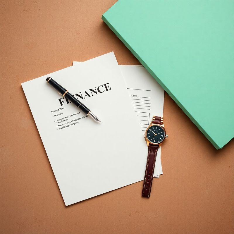 Overhead flatlay of financial planning documents, fountain pen and mint folder on a stone-textured desk