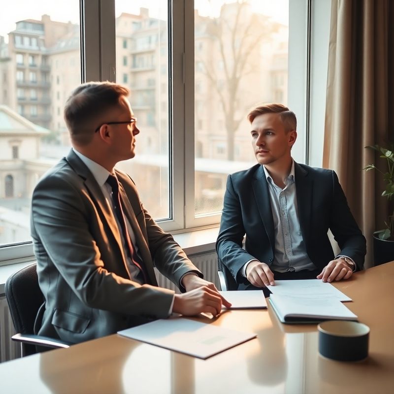 Two financial advisors in quiet discussion beside a window in warm afternoon light