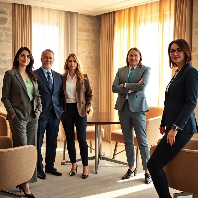 Four financial professionals in a light-filled conference room with stone and mint tones